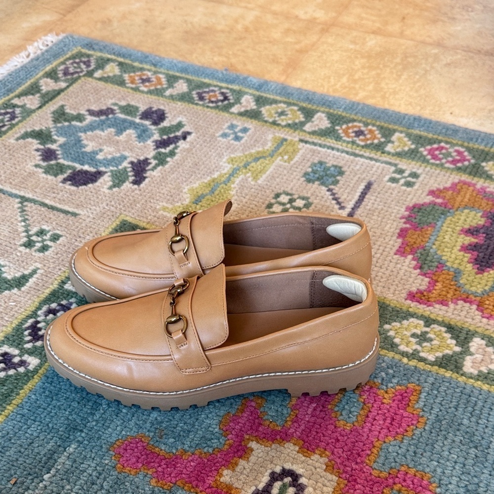 Tan Loafers with Gold Buckle